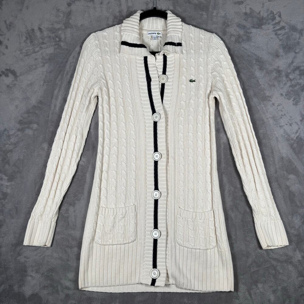 Women’s Lacoste Cable Knit Cardigan Sweater Shawl Collar Ivory Size 38 (M)